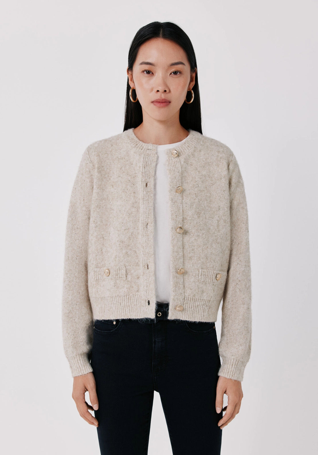 Cortefiel Metallic Knit Button Front Cardigan - Ivory 1 Shaws Department Stores