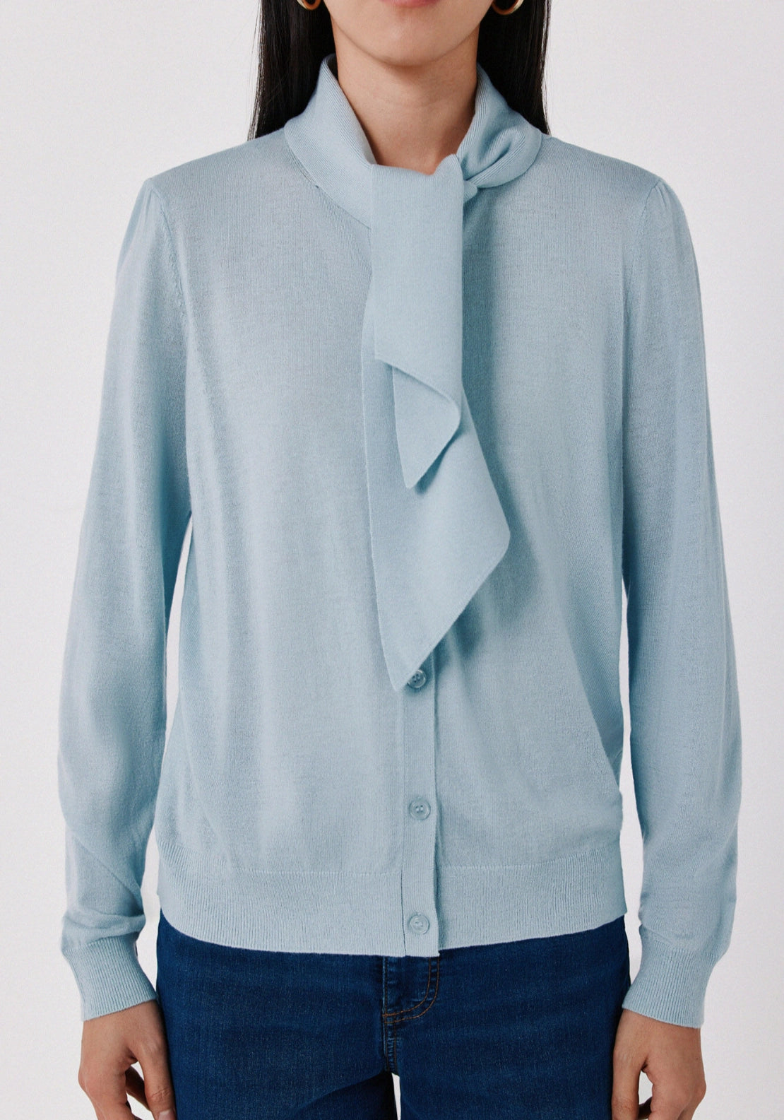 Cortefiel Tie Neck Fine Knit Cardigan - Medium Blue 1 Shaws Department Stores