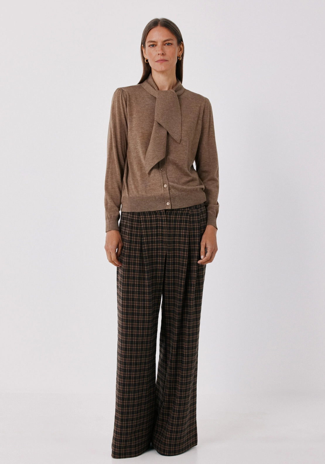 Cortefiel Tie Neck Fine Knit Cardigan - Tan 3 Shaws Department Stores
