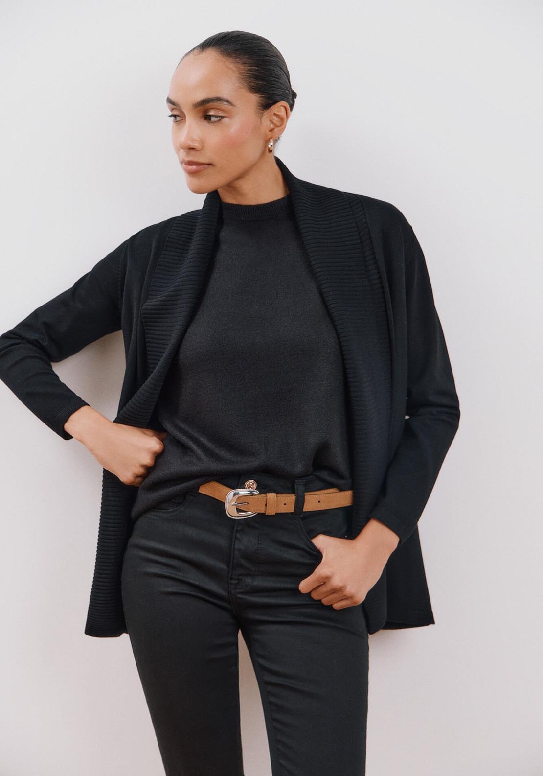 Cortefiel Long Sleeve Open Cardigan - Black 1 Shaws Department Stores