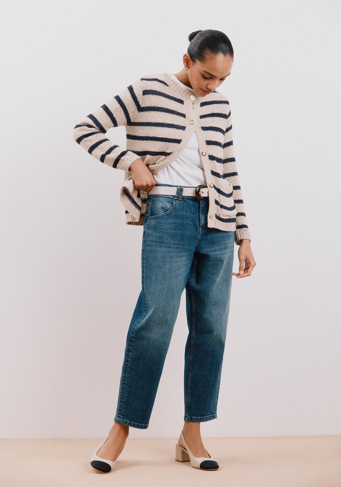 Cortefiel Two-Tone Striped Jacket - Beige/camel 2 Shaws Department Stores