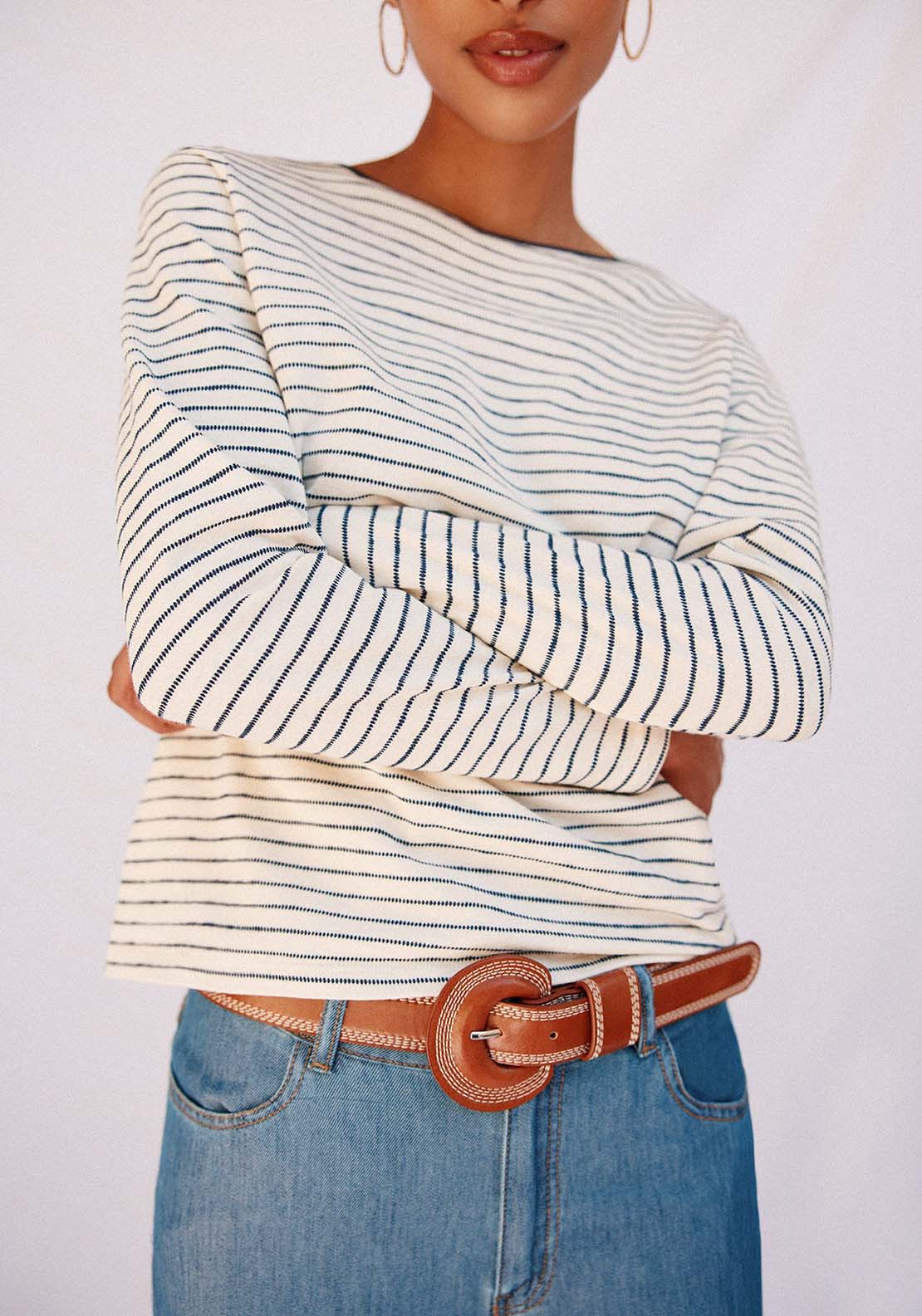 Striped Boat Neck T-Shirt - Blue
