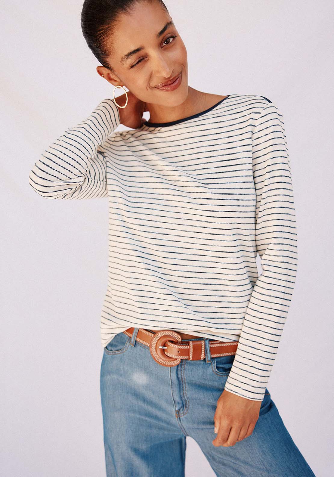 Striped Boat Neck T-Shirt - Blue