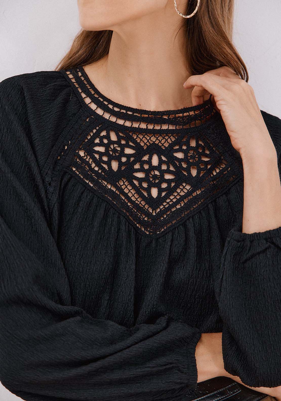 Crochet Patch Top - Black