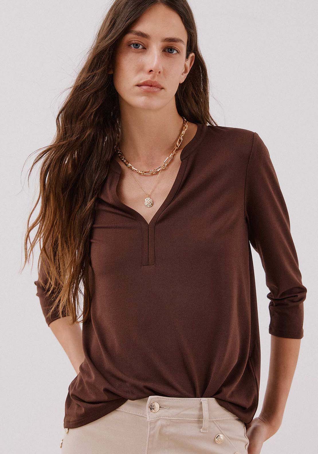 Basic Mandarin Neckline -Shirt - Brown