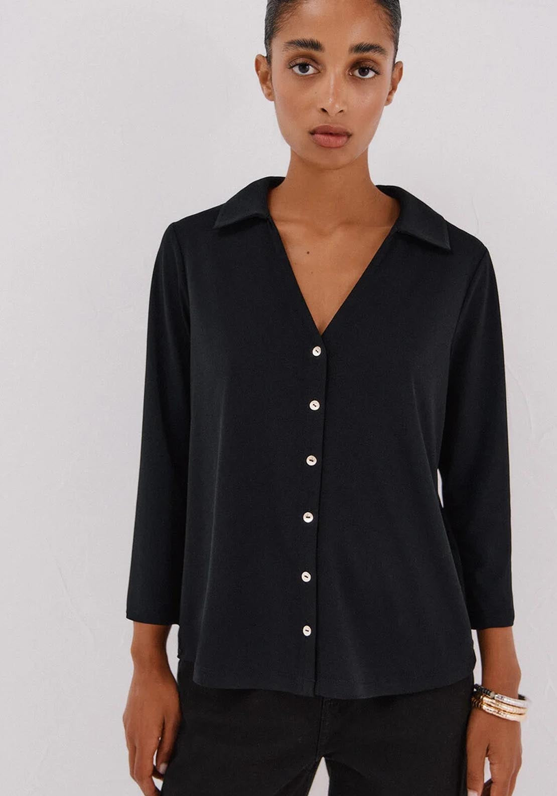 Elastic Buttons Shirt - Black