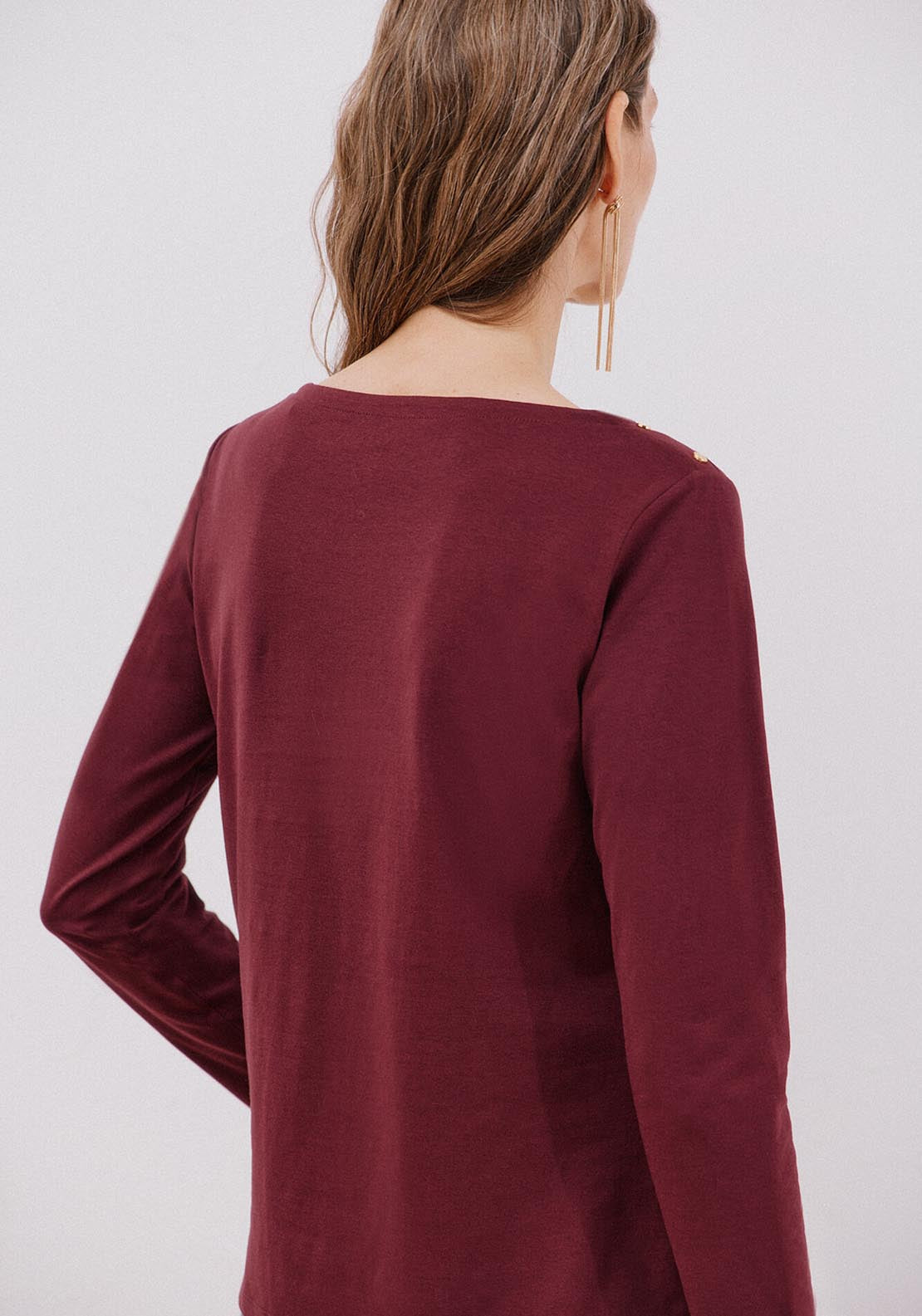 Boat Neck T-Shirt With Buttons - Red
