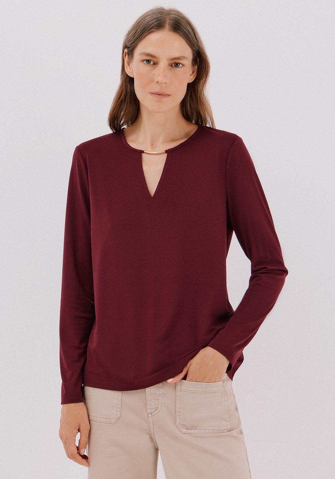 Cortefiel Gold Piece Neckline Top - Red 1 Shaws Department Stores