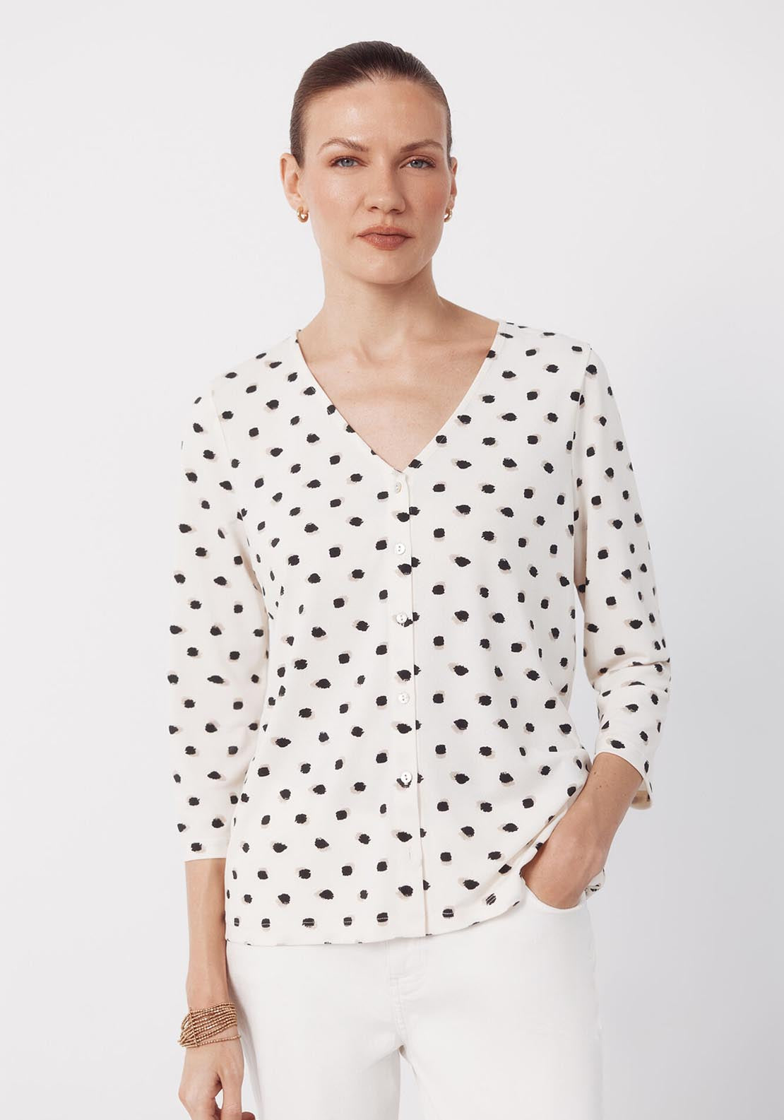 V NeckTop With Buttons - Beige