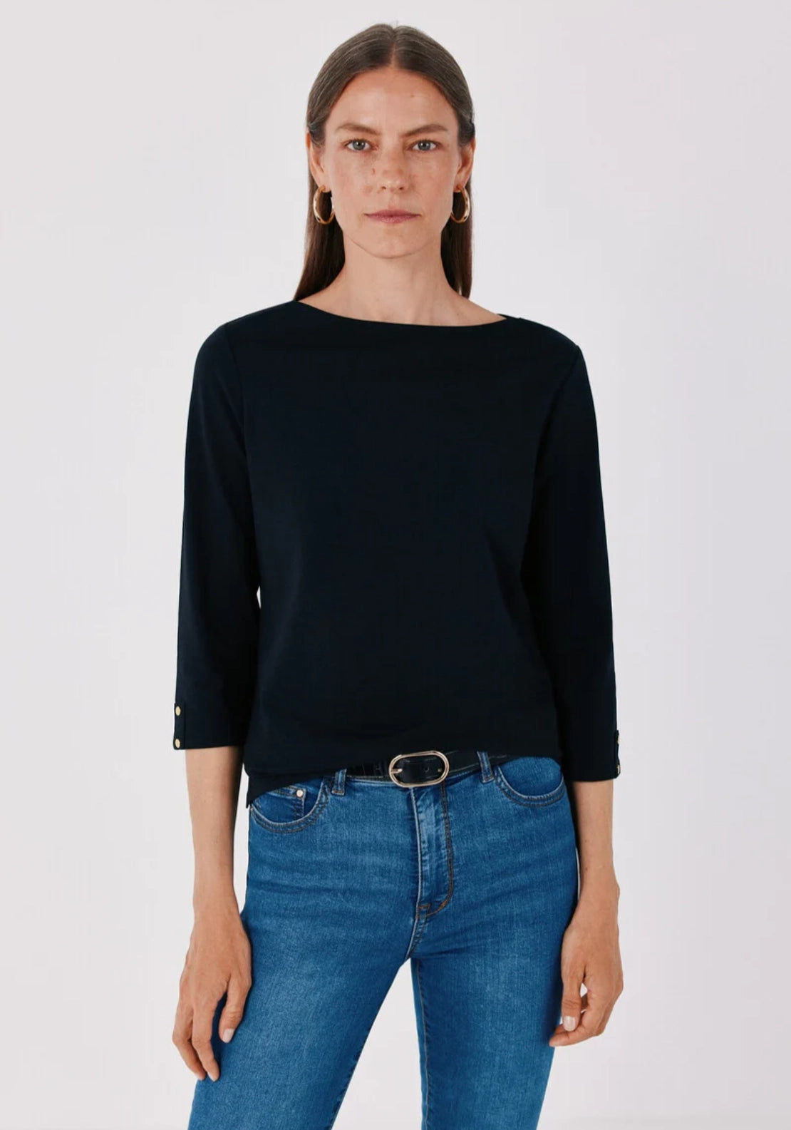Boat Neck T-Shirt With Gold Buttons - Black