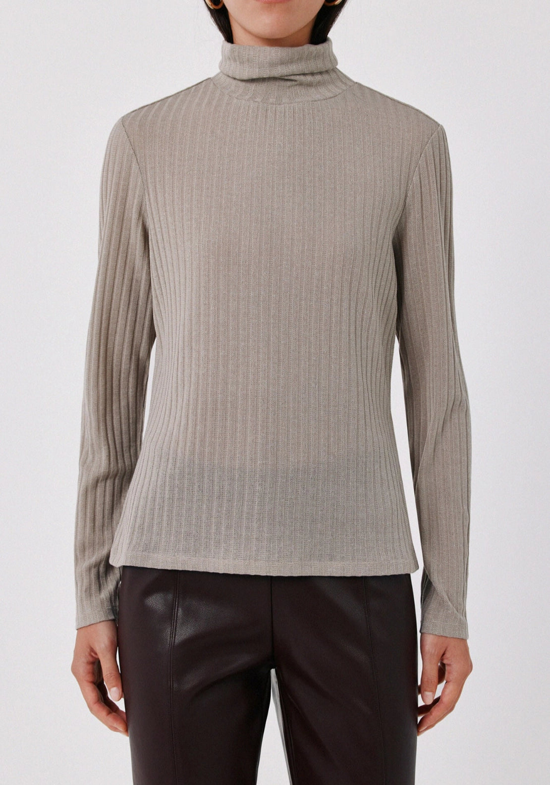Fitted High Neck Long Sleeve Top - Beige