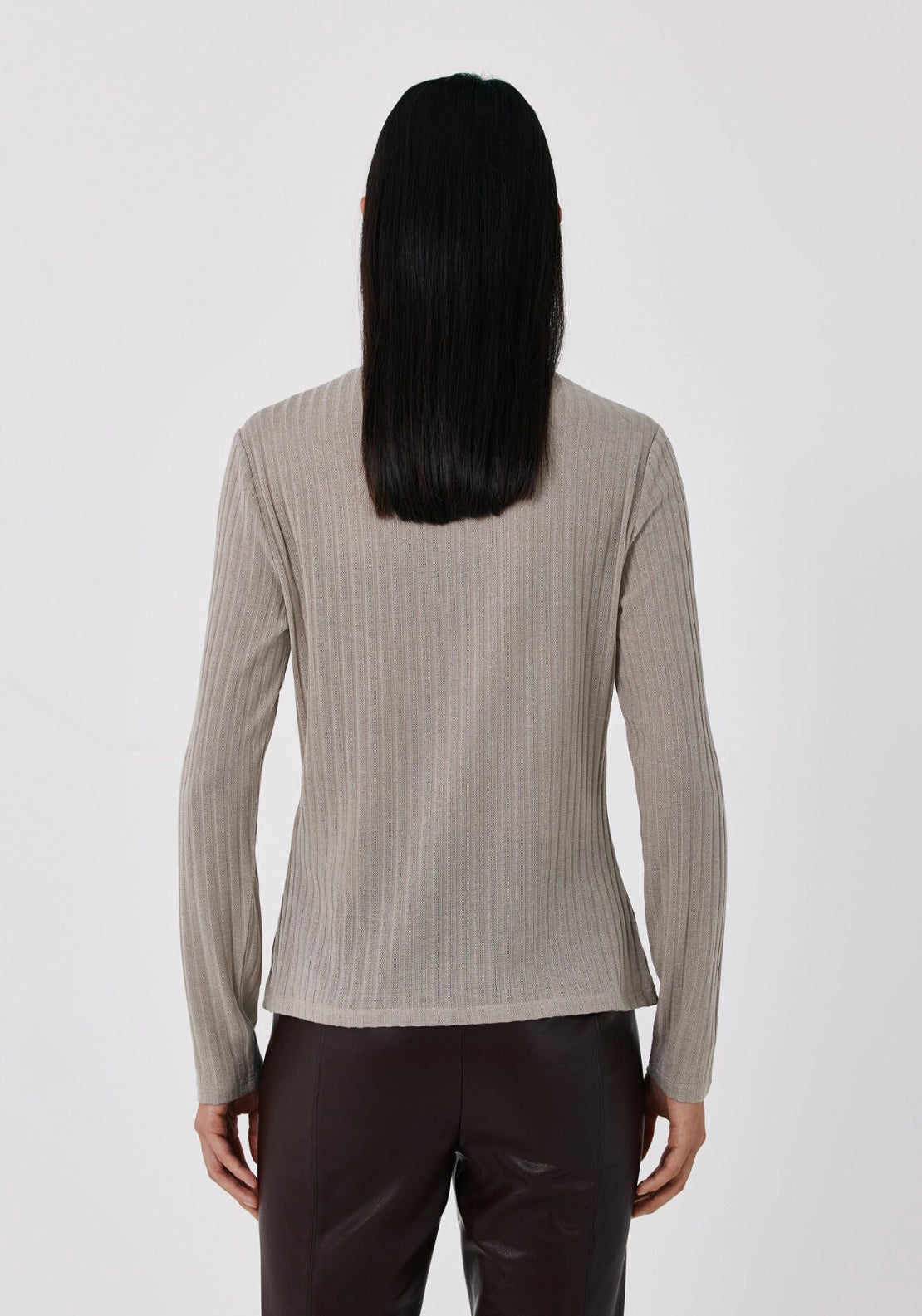 Fitted High Neck Long Sleeve Top - Beige