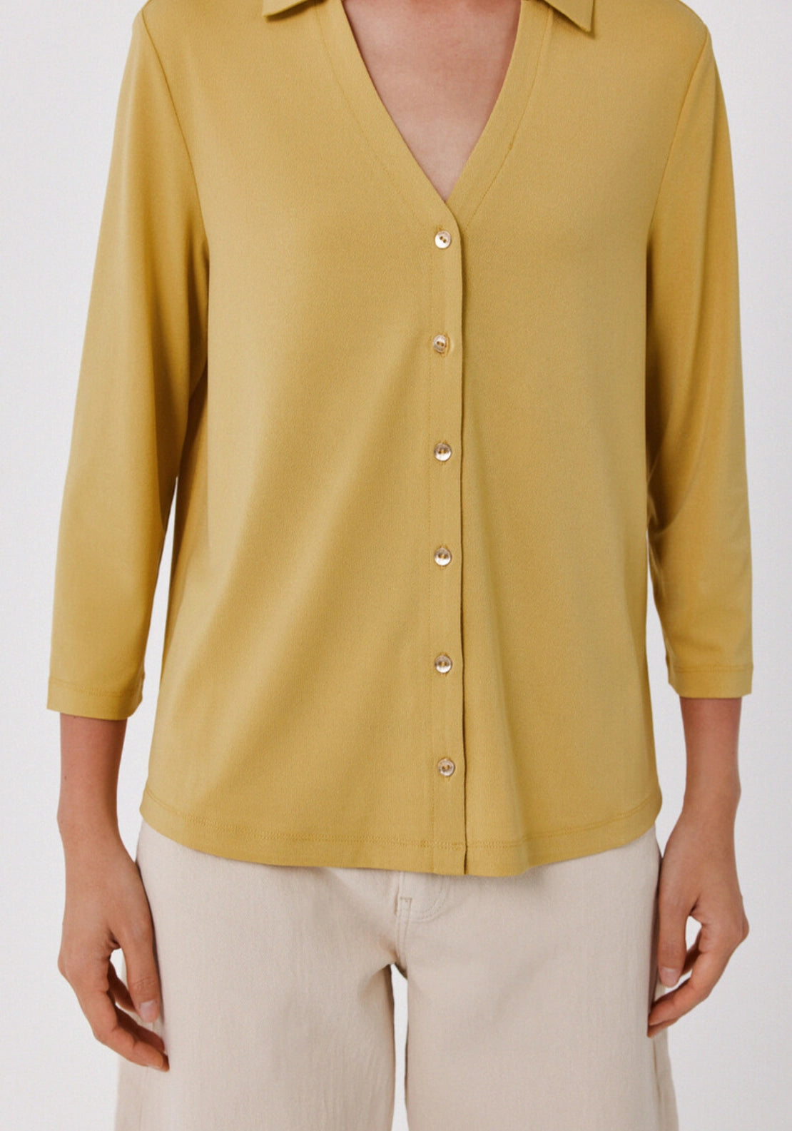 Soft V Neck Front Button Basic Shirt - Yellow/gold