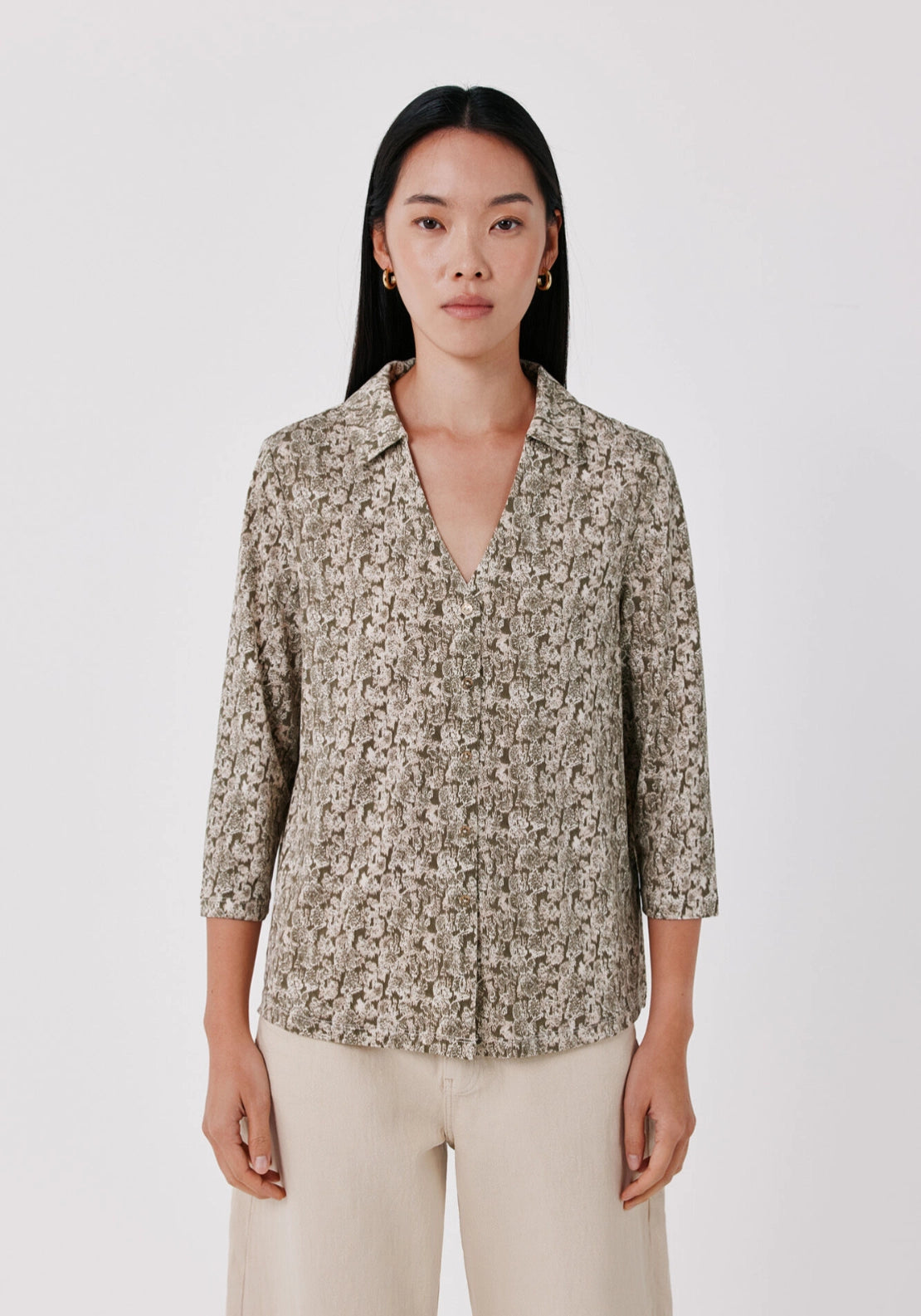 Print Pattern V Neck Front Button Basic Shirt - Grey Print