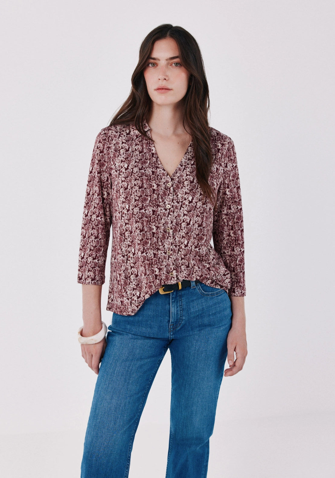 Print Pattern V Neck Front Button Basic Shirt - Multicoloured