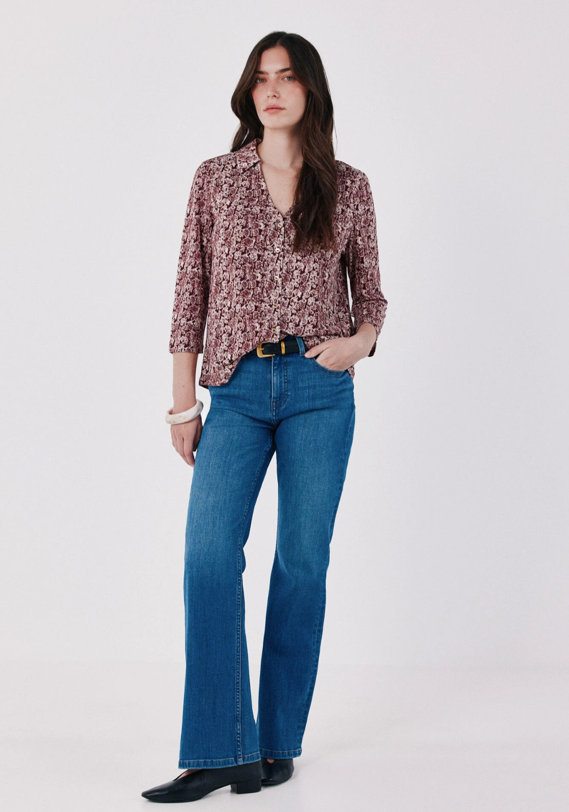 Print Pattern V Neck Front Button Basic Shirt - Multicoloured