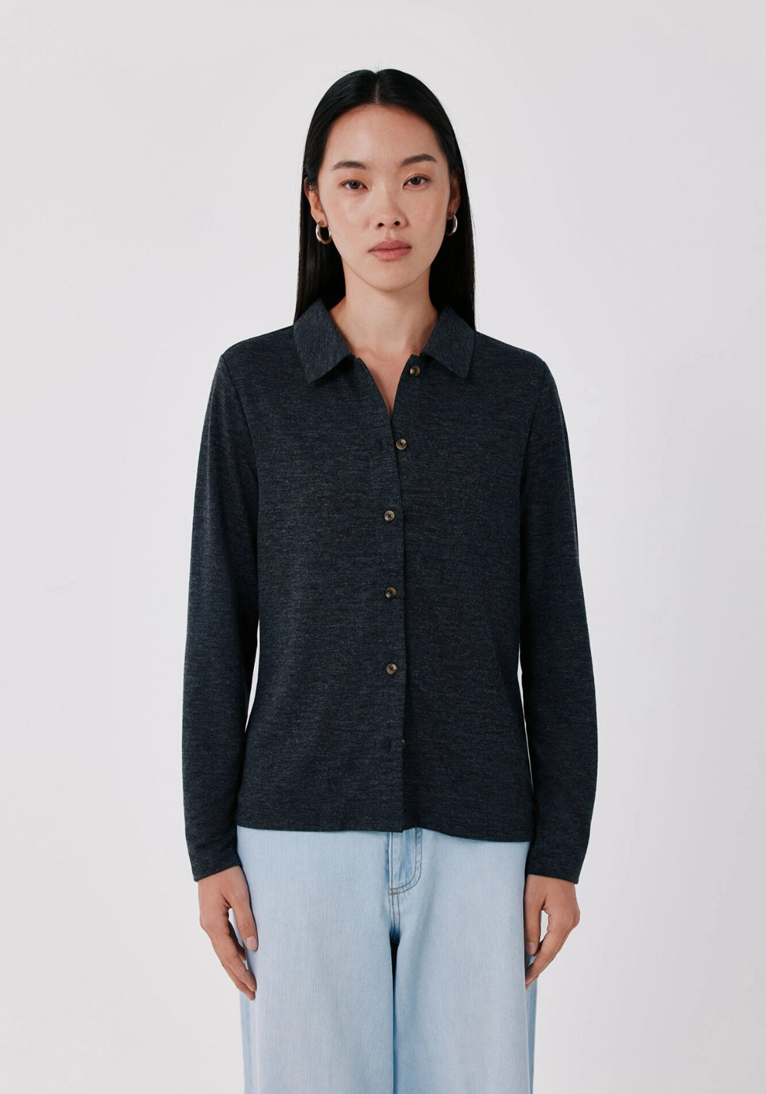 Stretch Button Through Shirt - Charcoal Grey