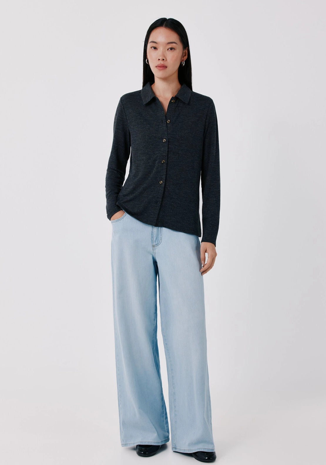 Stretch Button Through Shirt - Charcoal Grey