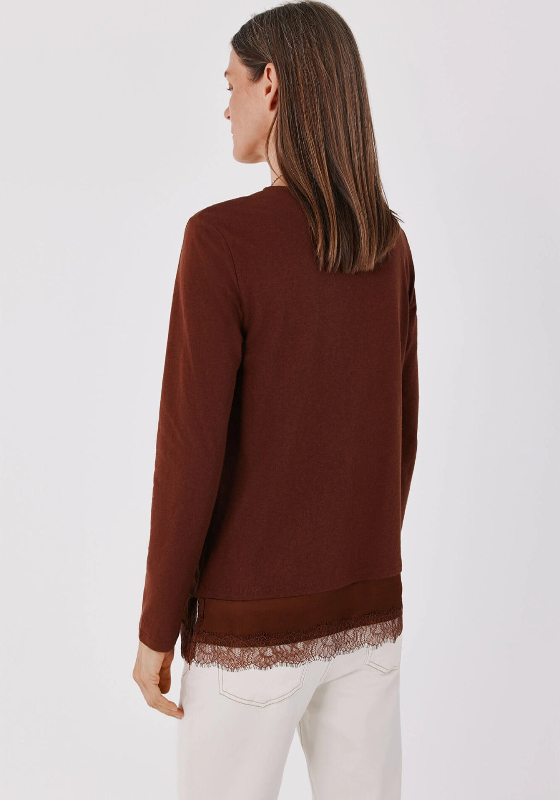 Lace Panel Long Sleeve Top - Tan
