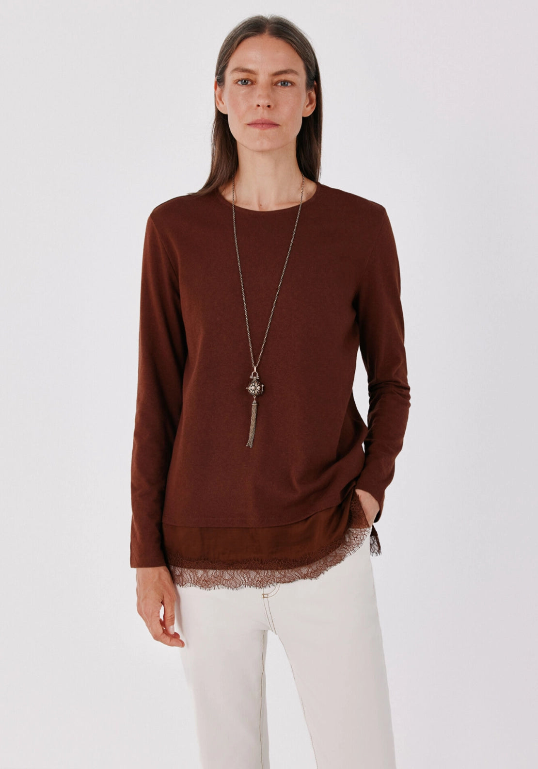 Lace Panel Long Sleeve Top - Tan