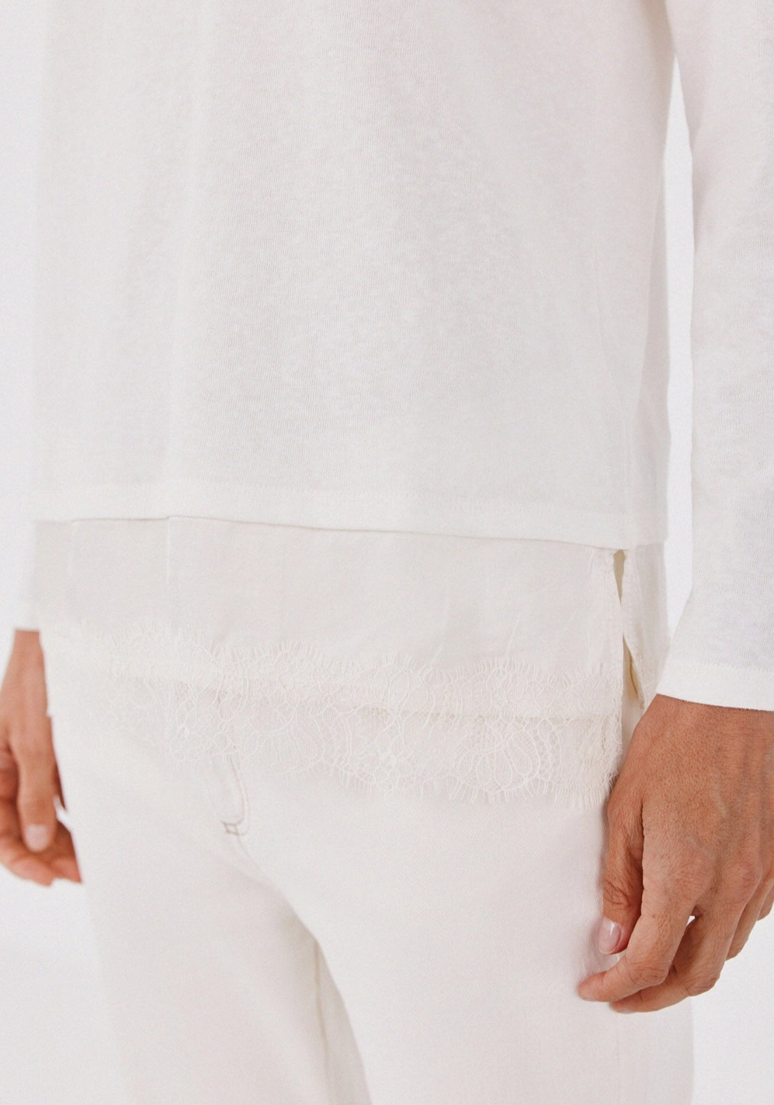 Lace Panel Long Sleeve Top - Ivory