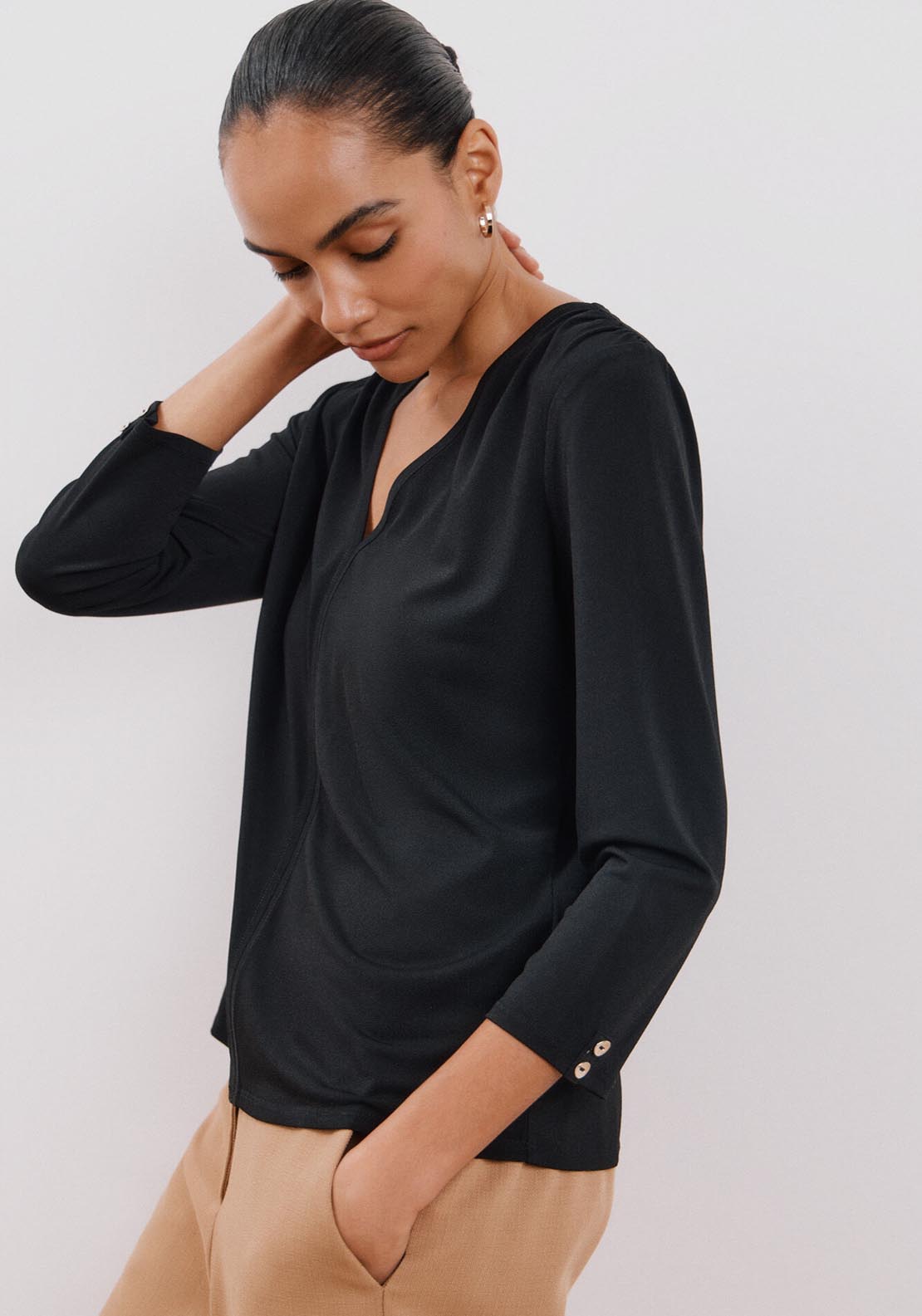Cortefiel Flowy V Neckline T-Shirt - Black 5 Shaws Department Stores