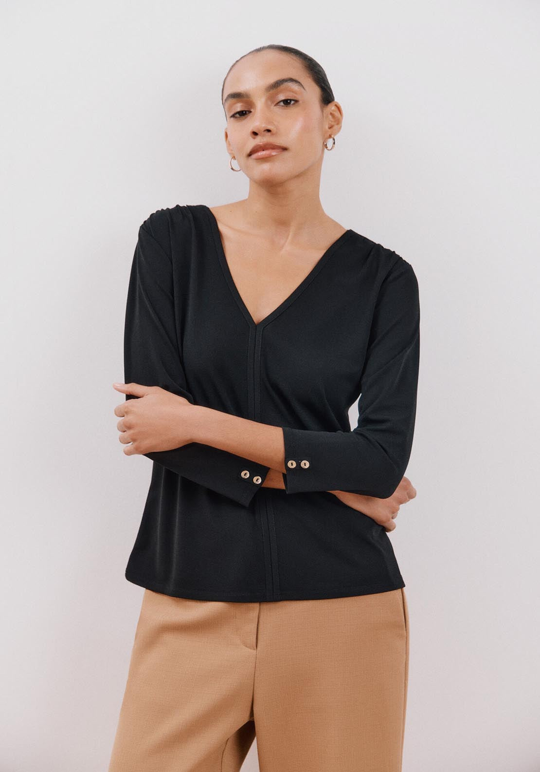 Cortefiel Flowy V Neckline T-Shirt - Black 1 Shaws Department Stores