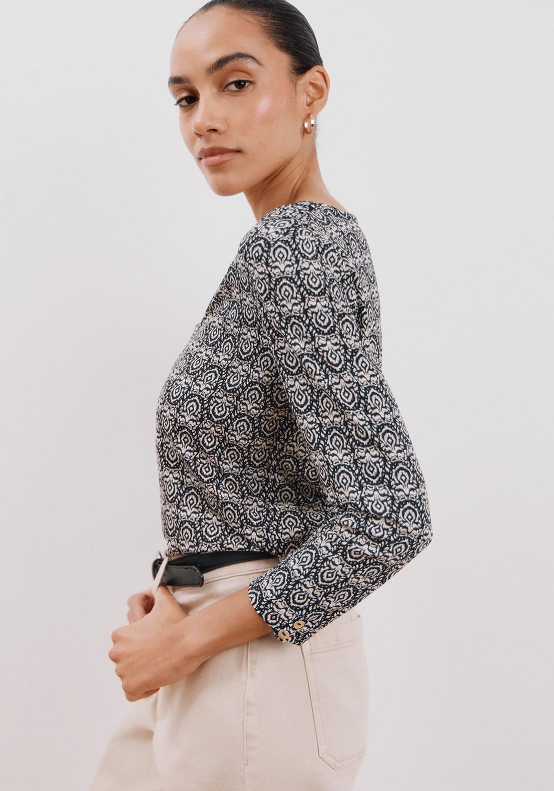 Cortefiel Flowy V Neckline T-Shirt - White Print 2 Shaws Department Stores