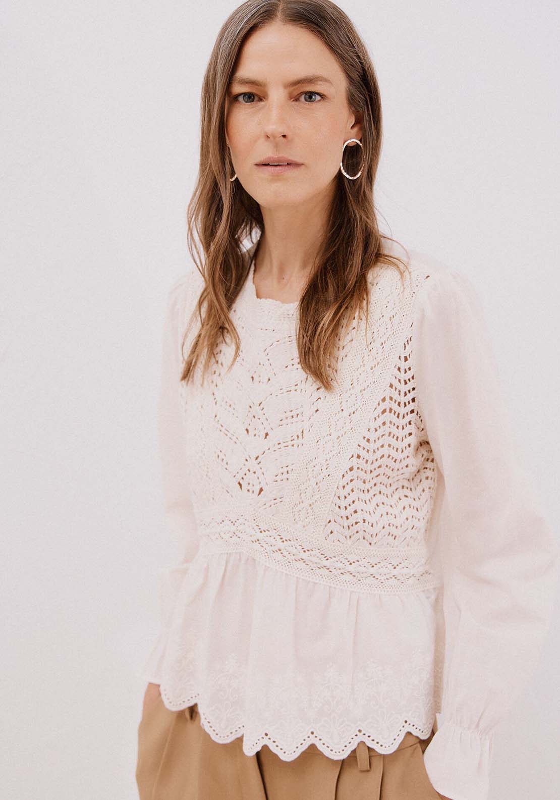 Crochet Combined Top - Cream
