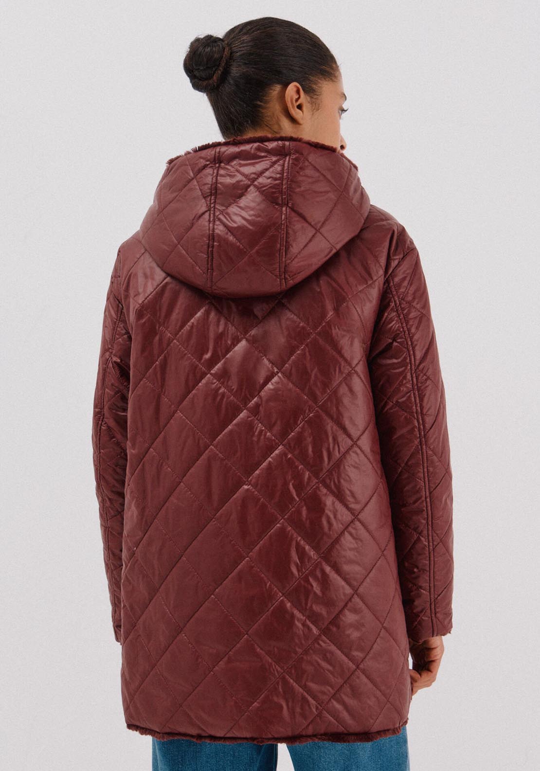 Reversible Quilted Anorak With Fur Effect - Red