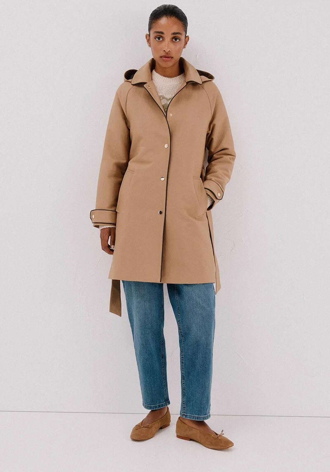 Satin Trench Coat With Detachable Hood - Beige