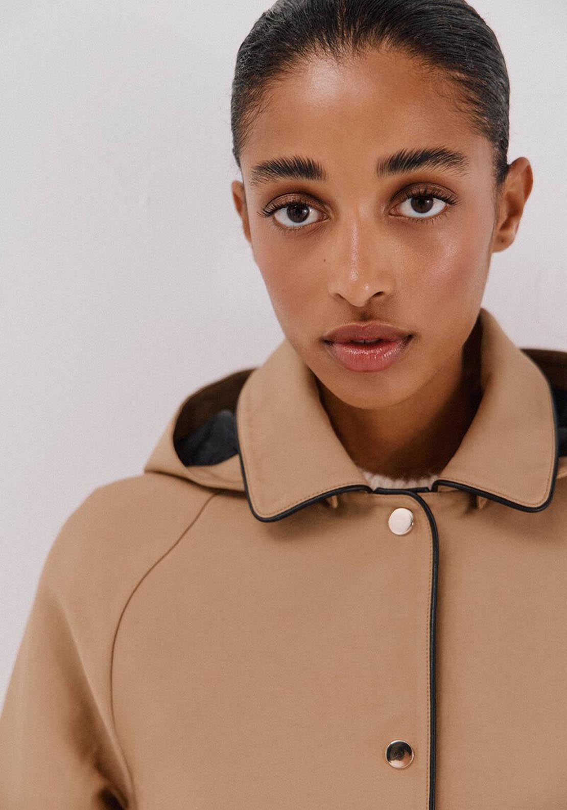 Satin Trench Coat With Detachable Hood - Beige