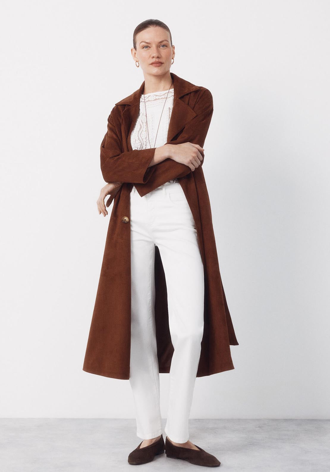 Long Trench Coat With Suede Effect - Brown