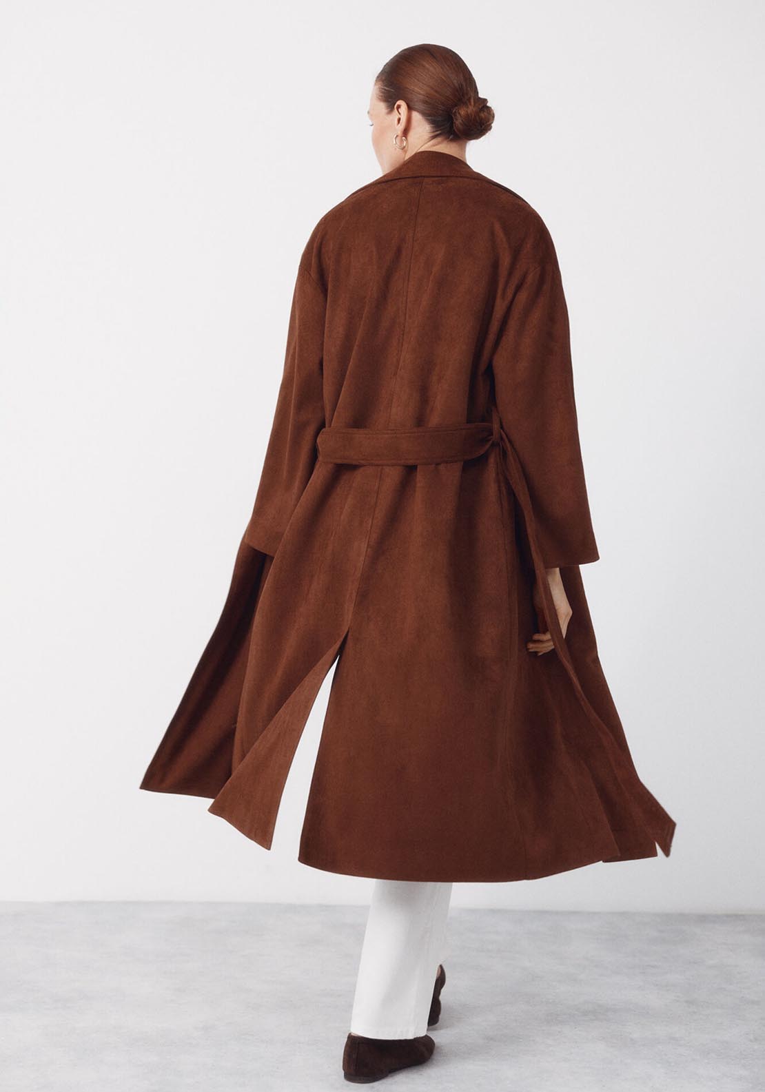Long Trench Coat With Suede Effect - Brown