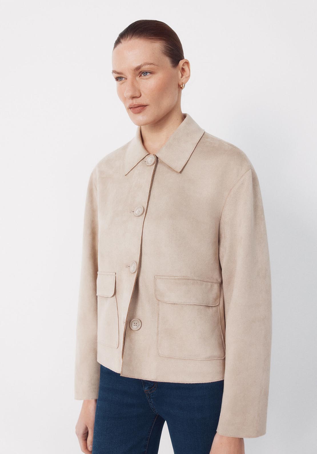Suede Effect Fabric Jacket - Cream