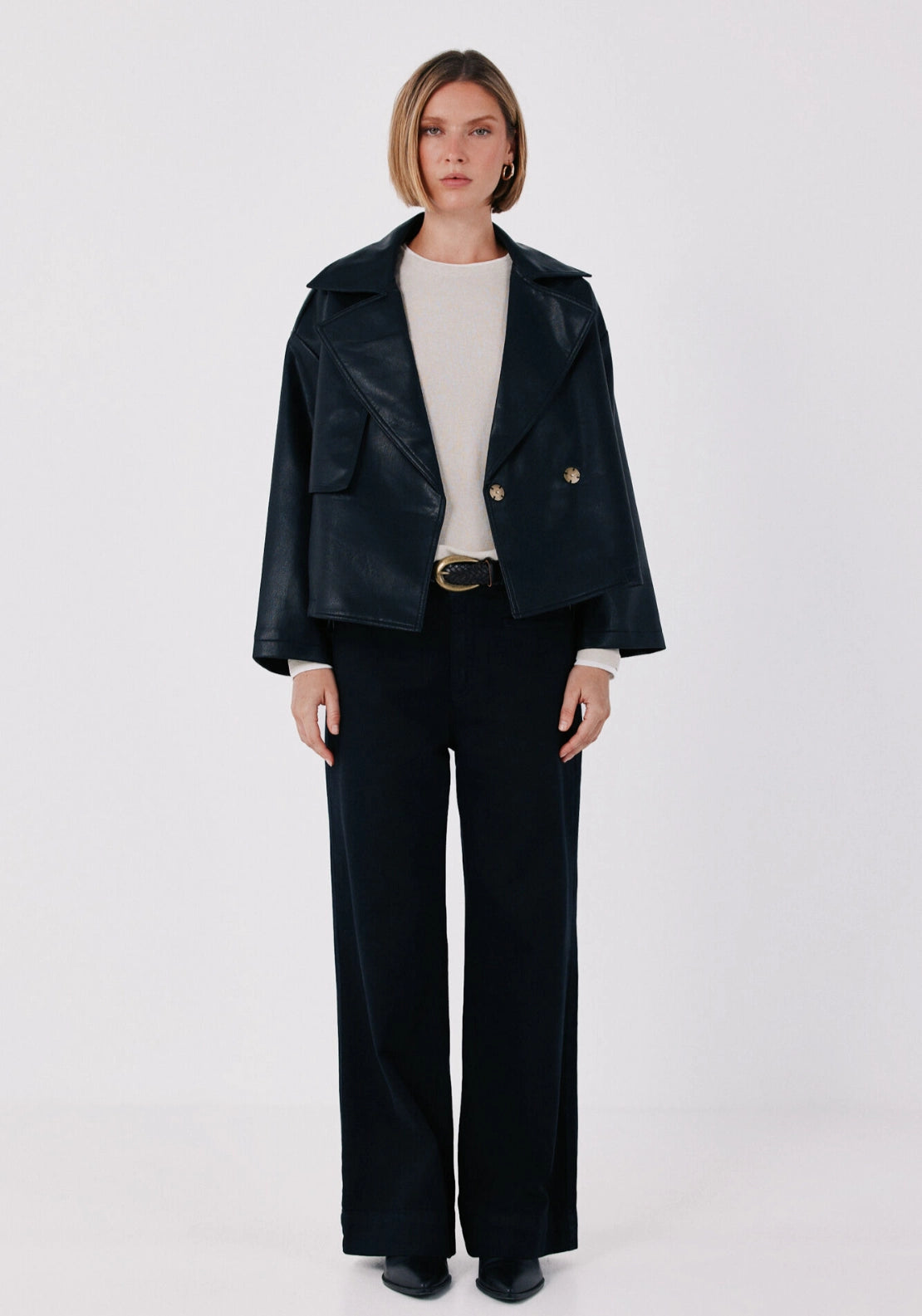 Faux Leather Short Trench - Black