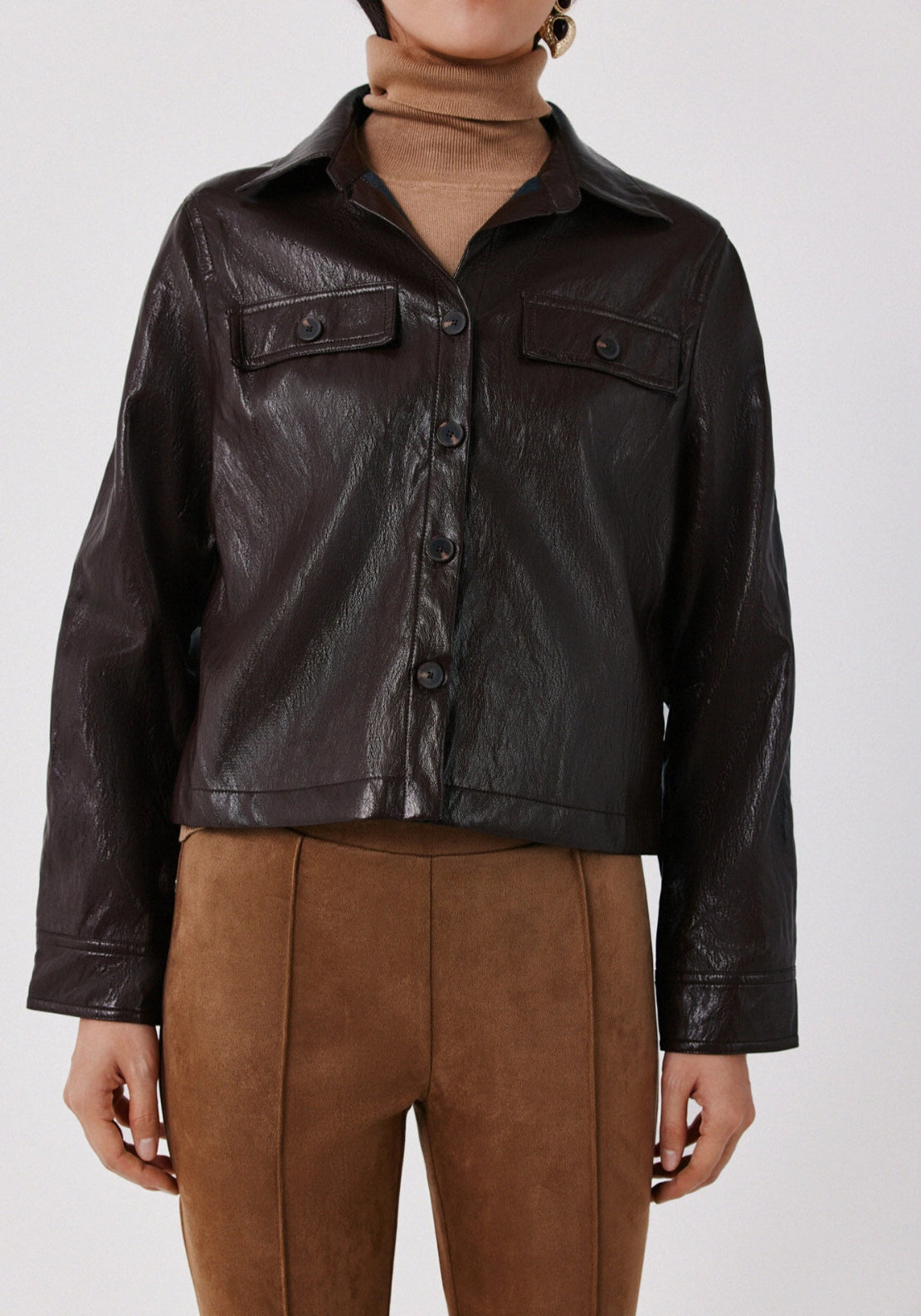 Faux Leather Light Jacket - Dark Brown