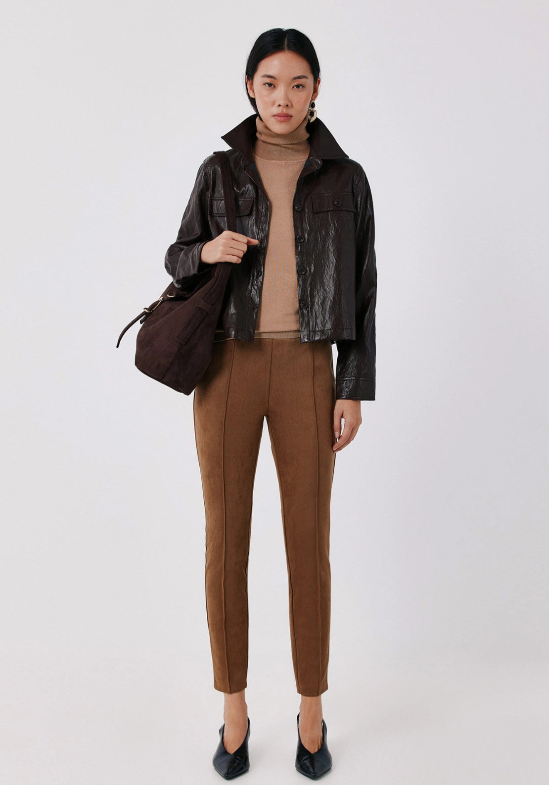 Faux Leather Light Jacket - Dark Brown