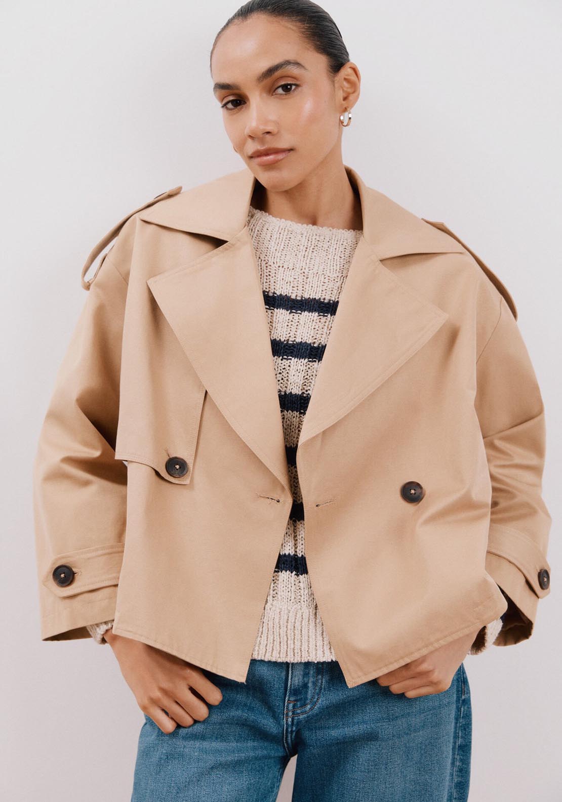 Cortefiel Cropped Trench Coat - Beige/camel 3 Shaws Department Stores