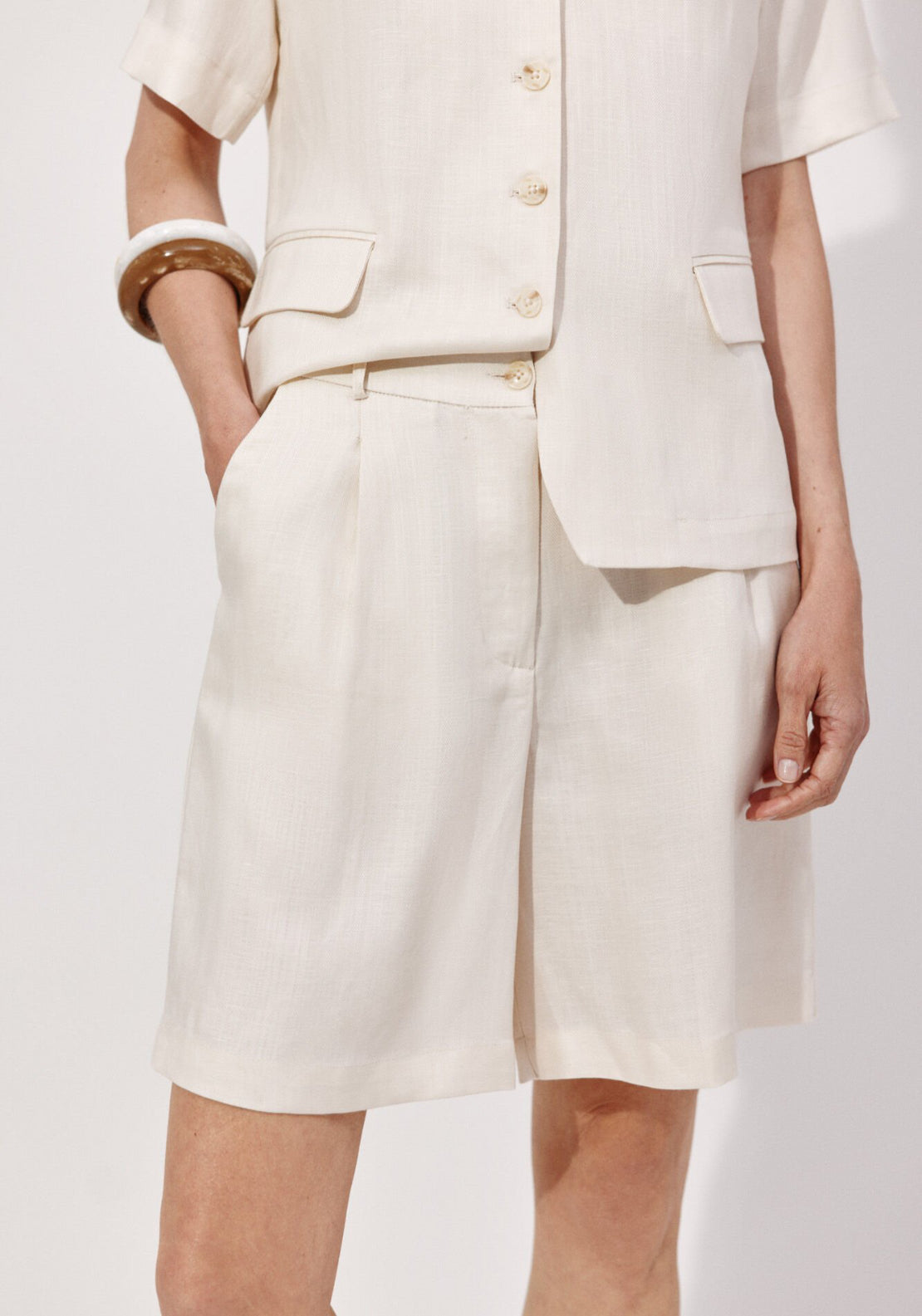 Cortefiel Linen Look Bermuda Shorts - Cream 1 Shaws Department Stores