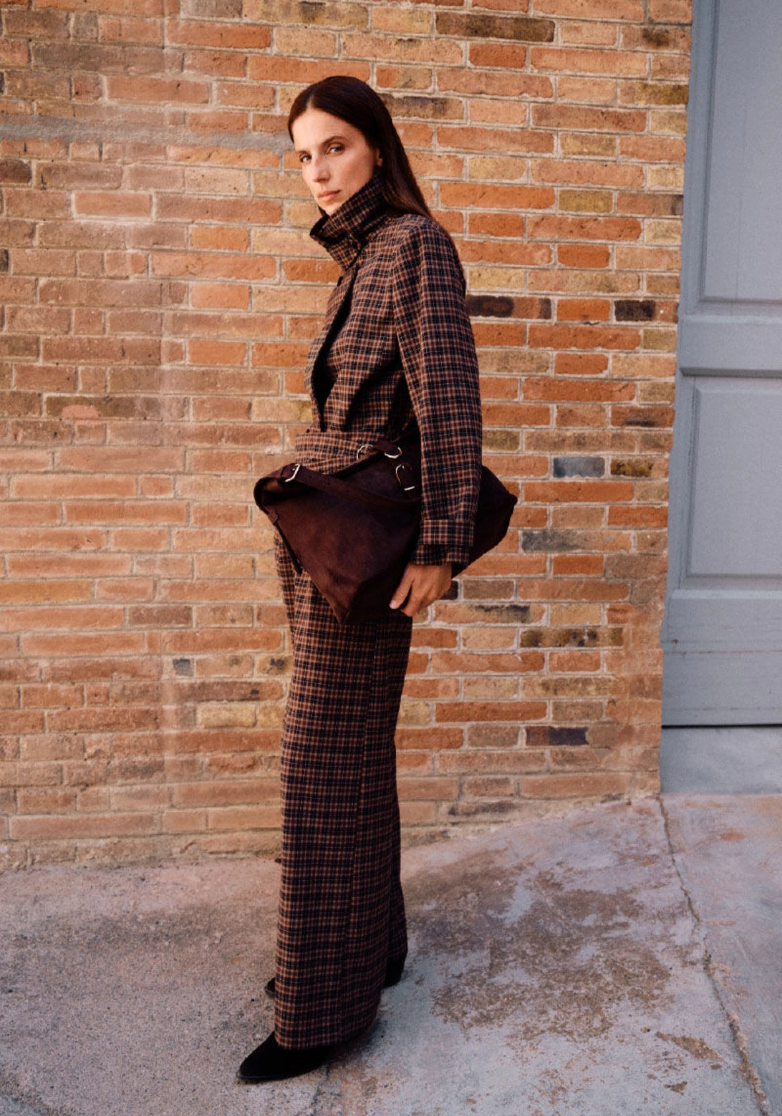 Tailored High Waist Plaid Trousers - Brown Print
