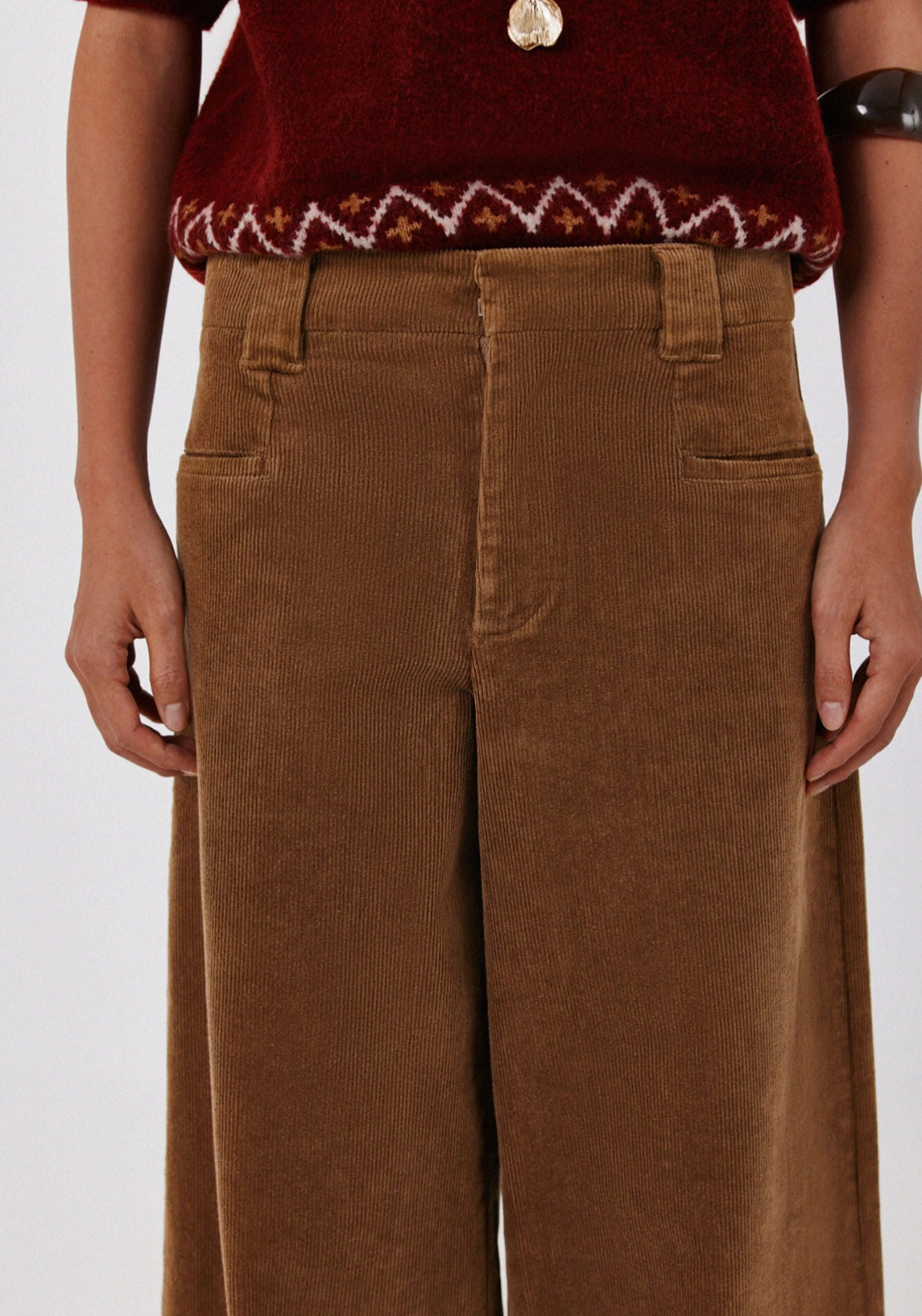 Wide Leg Corduroy Trousers - Beige/camel