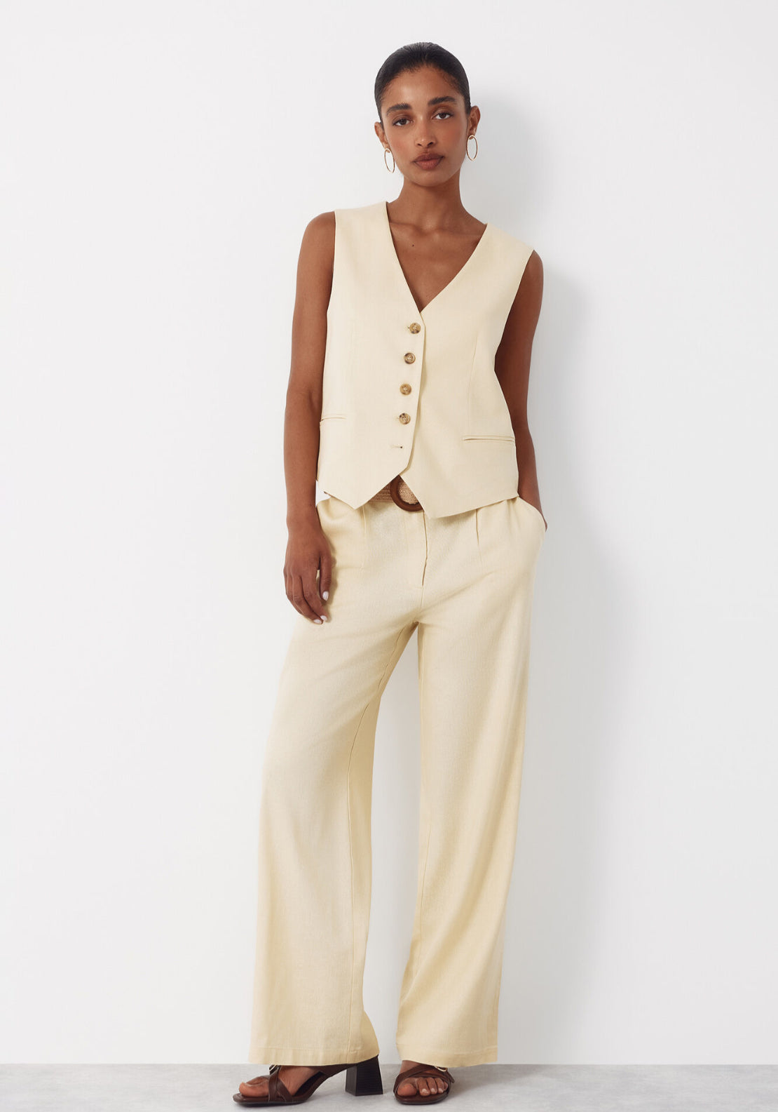 Wide Leg Trousers With Linen - Yellow