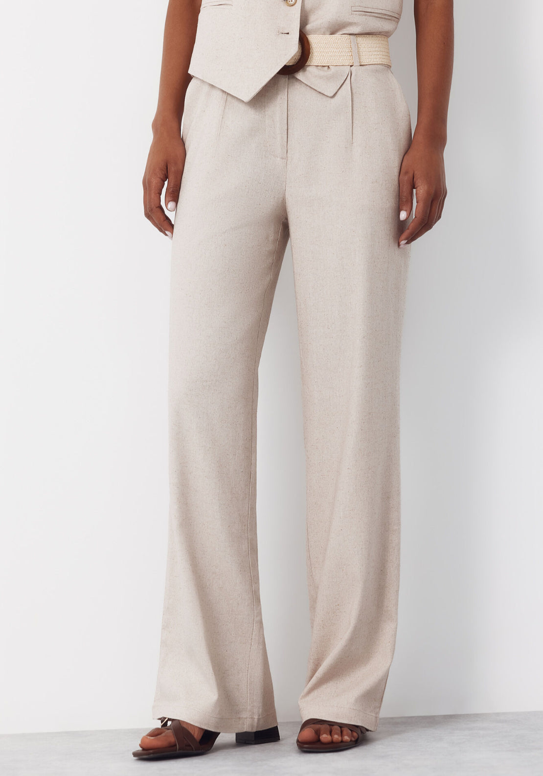 Wide Leg Trousers With Linen - Sand