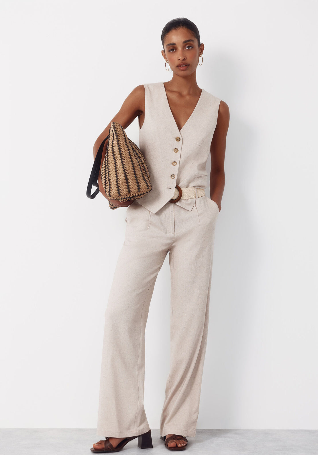 Wide Leg Trousers With Linen - Sand