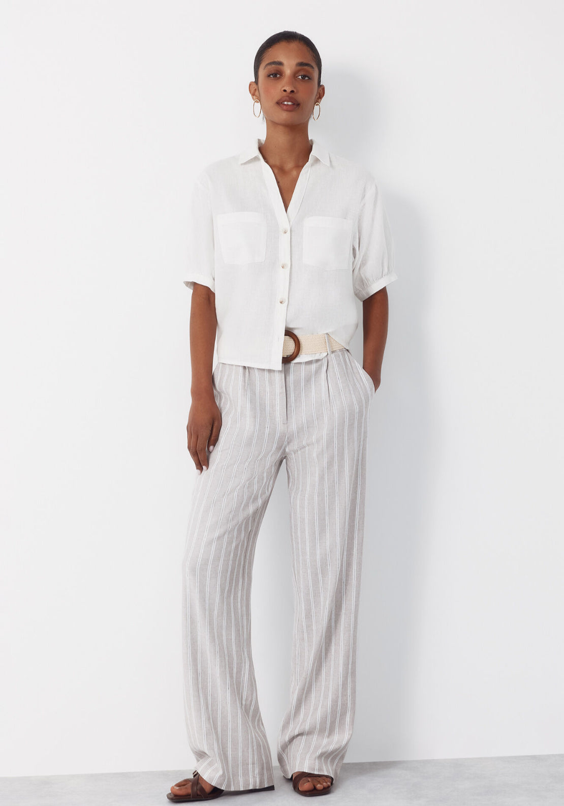 Wide Leg Trousers With Linen - White Print