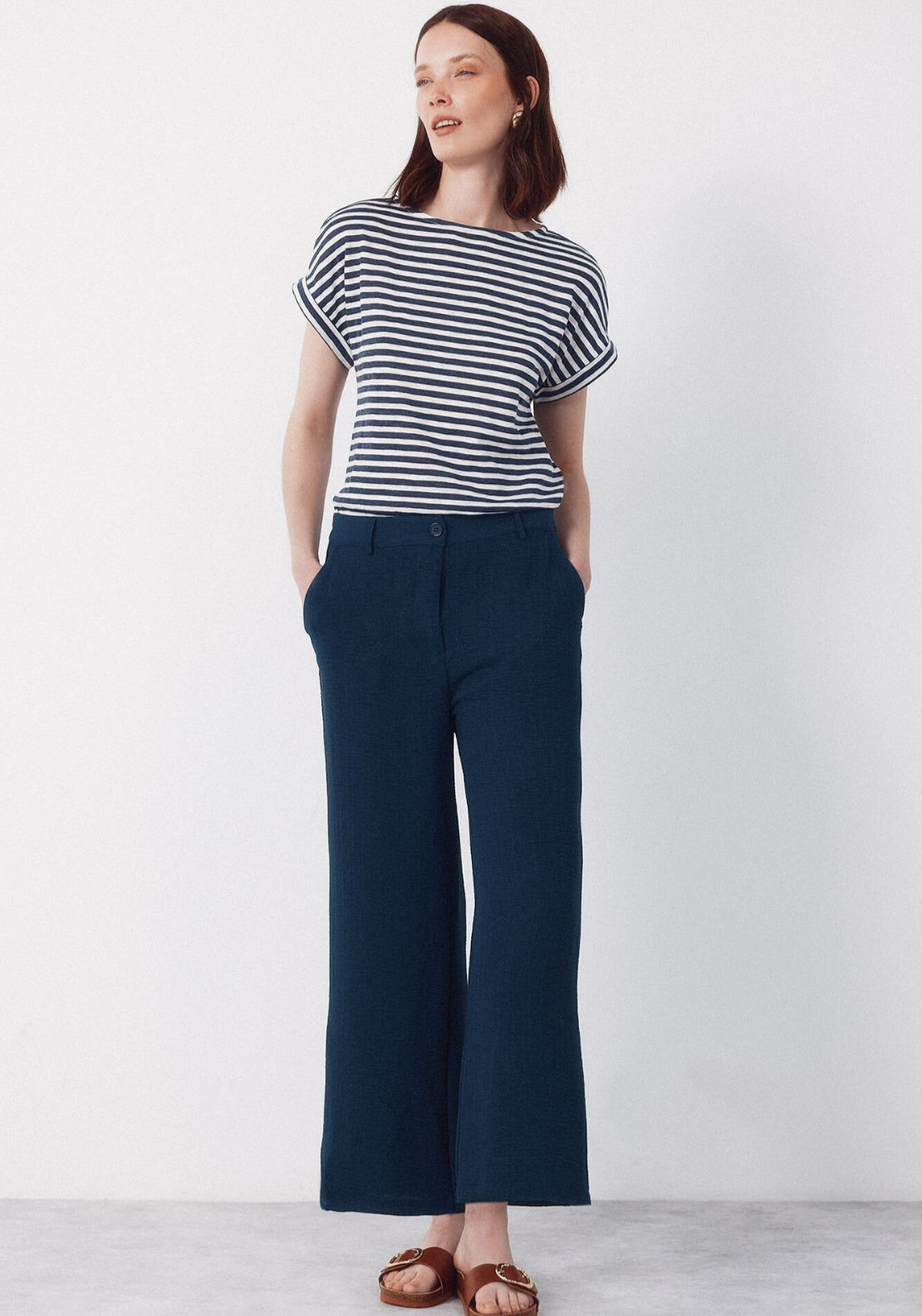 Cortefiel Textured Wide Ankle Pants - Blue 5 Shaws Department Stores