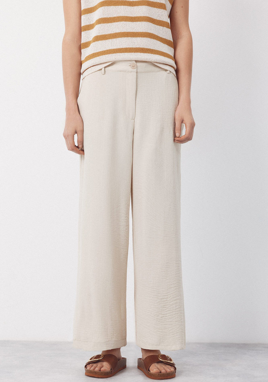 Cortefiel Textured Wide Ankle Pants - Beige 1 Shaws Department Stores