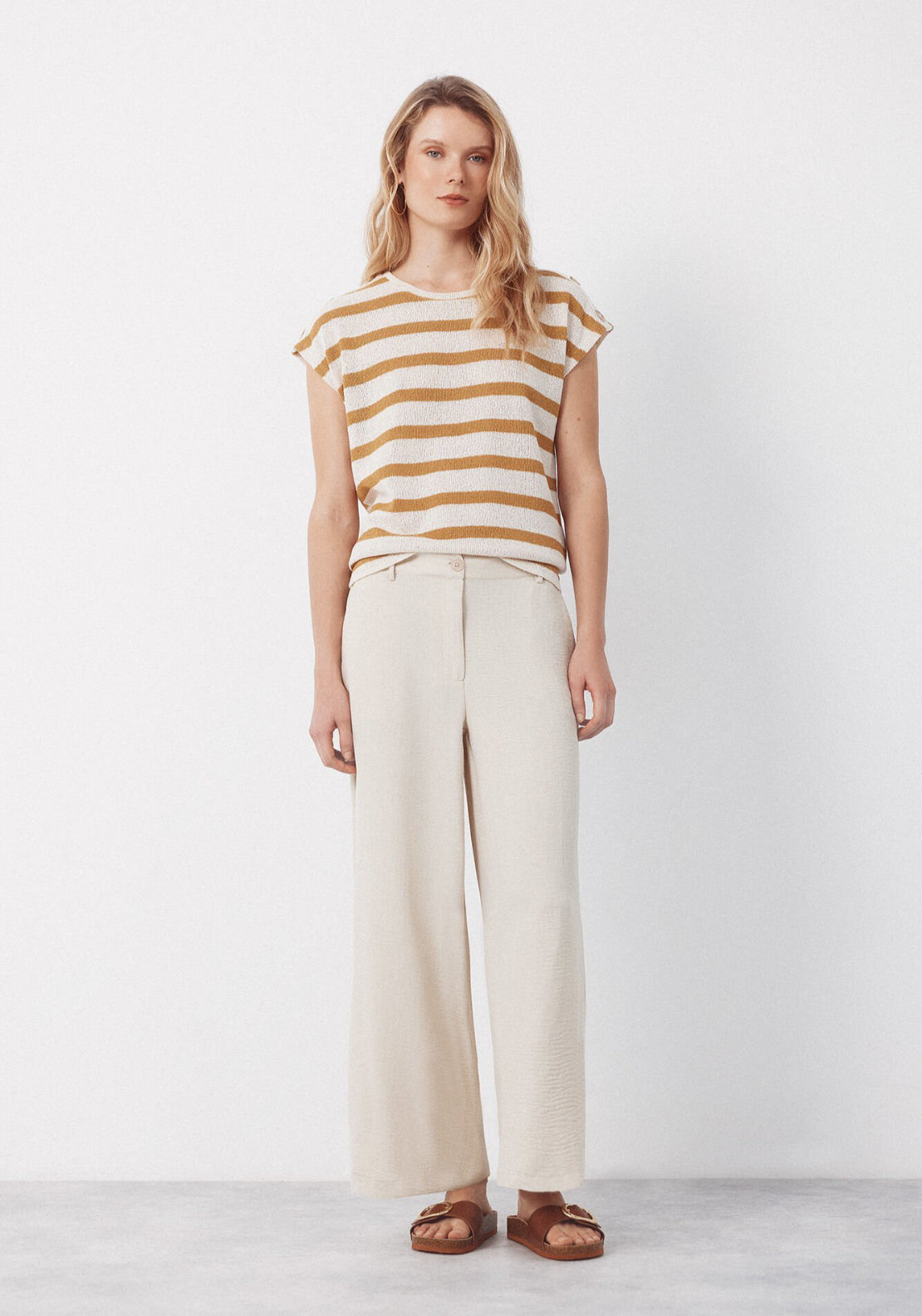 Cortefiel Textured Wide Ankle Pants - Beige 5 Shaws Department Stores