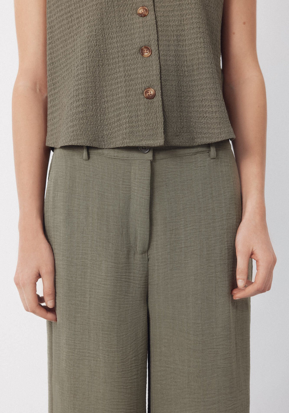 Cortefiel Textured Wide Ankle Pants - Green 4 Shaws Department Stores